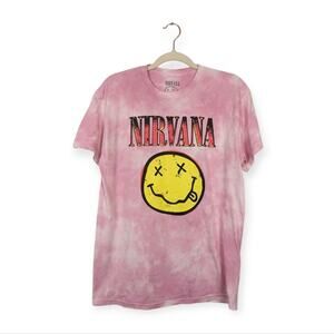Nirvana Officially Licensed Pink Tie Dye Nevermind Smiley Grunge Band Tee